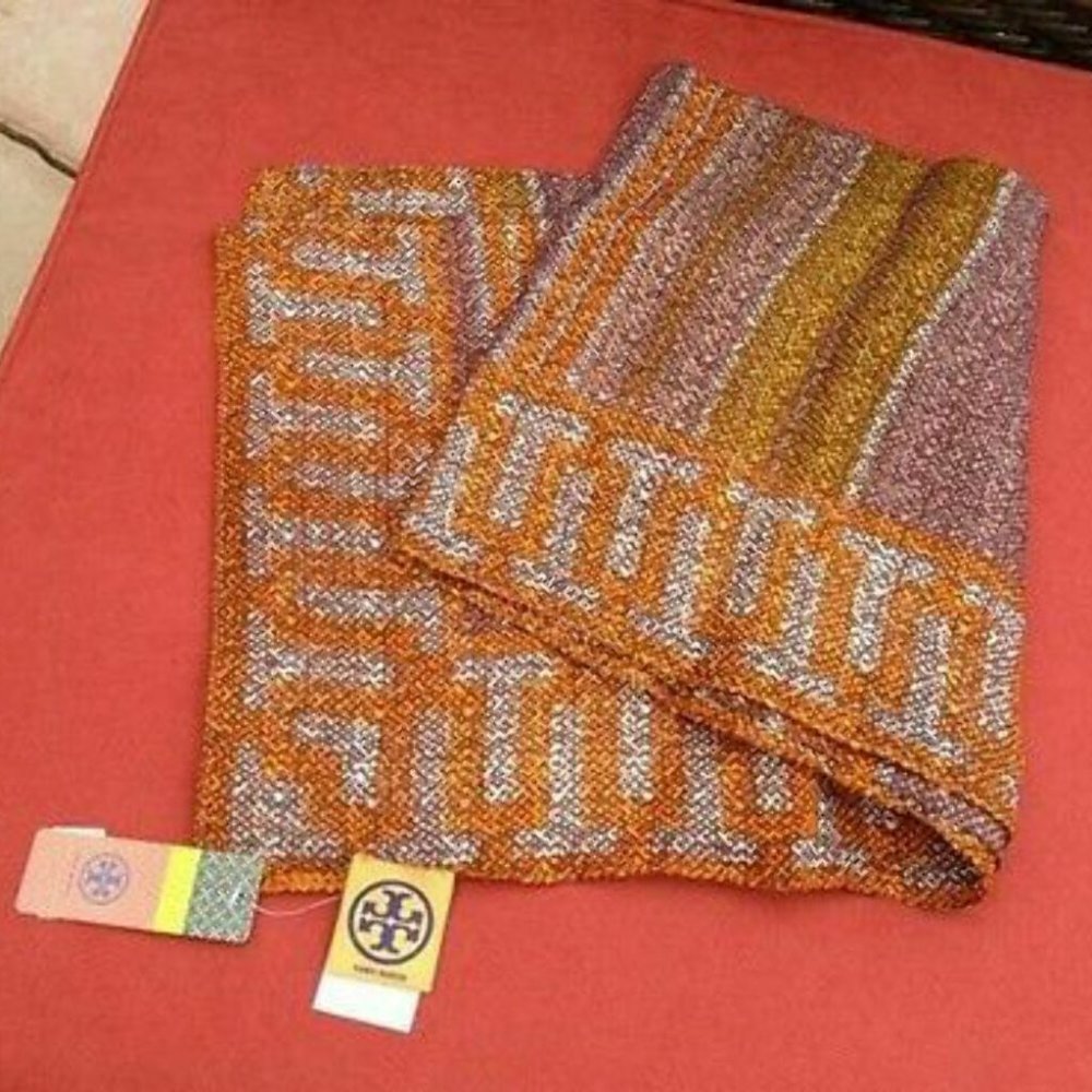 TORY BURCH Baja Square Stripe SCARF, Brown, Orange